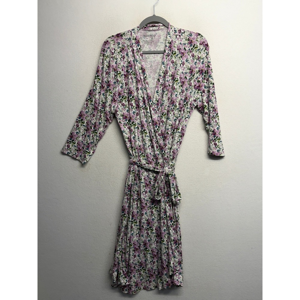 NorthStyle Floral Bamboo Rayon Wrap Robe Purple Green White Size L 3/4 Sleeve